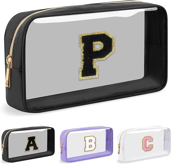 Personalized Initial Letter Clear Makeup Bag, Preppy Small Nylon & PVC Cosmetic Zipper Bag with Chenille Letter, Travel Skincare Toiletry Bag, Monogram Christmas Gift for Teen Girls Women, P