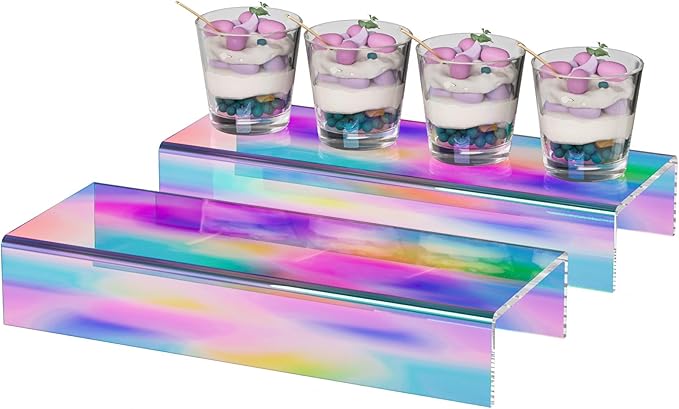 Acrylic Shelf Riser 12x4.3x2 pack of 2, Iridescent Display Shelf 12” for Shoes, Glasses, Plants, Home Decors, Perfume, 12x4.3x2 Inch