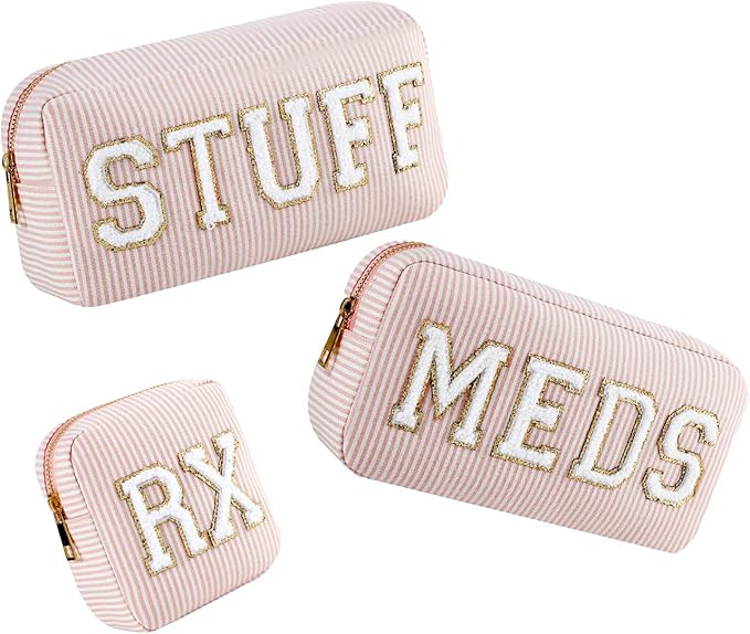 uekeboag Seersucker Chenille Letter Stuff Meds RX Makeup Bag, Travel Washable Purse Organizer with Zipper, Lightweight Toiletry Cute Personalized Preppy Cosmetic Bag For Women and Girls(3pcs Pink)