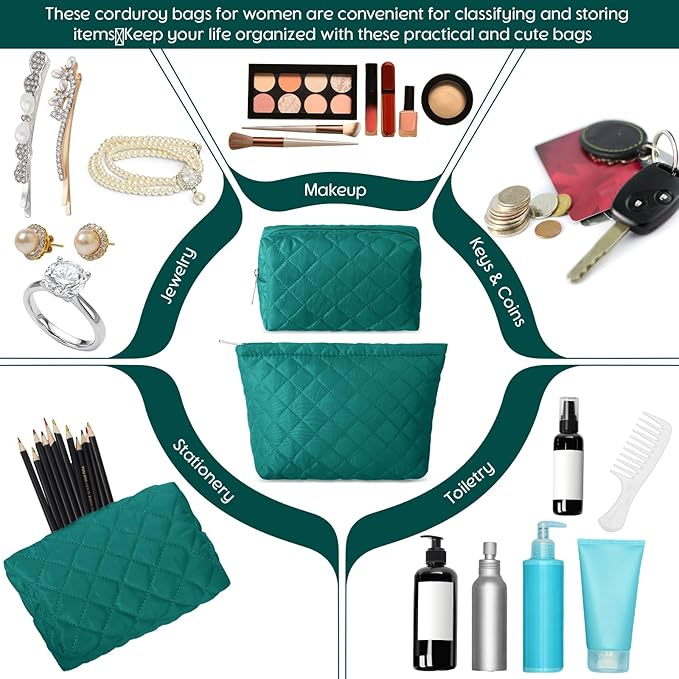 2 Pcs Pencil Case Quilted Makeup Bag Aesthetic Cosmetic Pouch for Women Puffer Travel Toiletry Bag Set Cotton Small Purse Pouch Makeup Organizer with Zipper(Green)