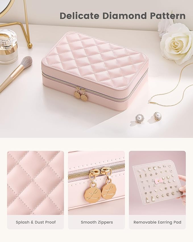 Lolalet Travel Jewelry Case for Women Girls, Travel Jewelry Organizer with Clear Storage Bag Small Portable Jewelry Box for Necklace Bracelet Earring Ring Valentine's Bridesmaid Gifts -Large/Pink