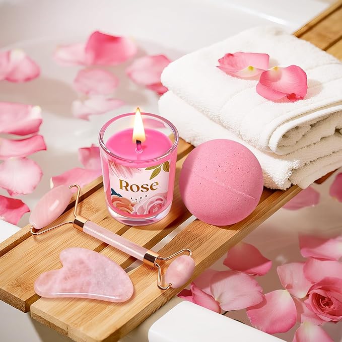 Gua Sha & Jade Roller Facial Tools Gifts Set - Self Care Spa & Bath Gift Baskets for Women, Christmas, White Elephant, Birthday, Valentines Day Gifts for Women, Her, Wife, Mom, Teen Girls