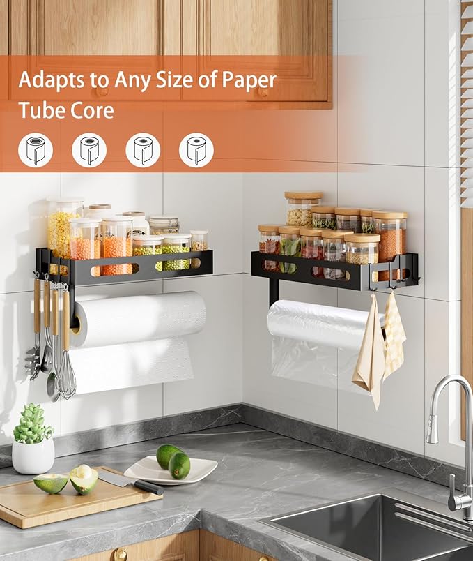 Paper Towel Holder Wall Mount with Shelf, Easy One Hand Tear, Adhesive Glue or Drill Mount Hanging Paper Towel Holder with Shelf for Kitchen/Bathroom/RV, Black Metal, 4 Hooks