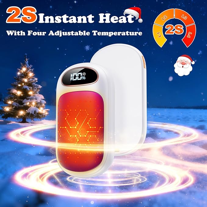 Rechargeable Hand Warmer 2 Pack, LED Display & 4 Levels, Ultrathin Electric Hand Warmers Portable USB Pocket Heater Fits Gloves for Hunting Essentials, Camping, Raynauds, Gifts for Christmas