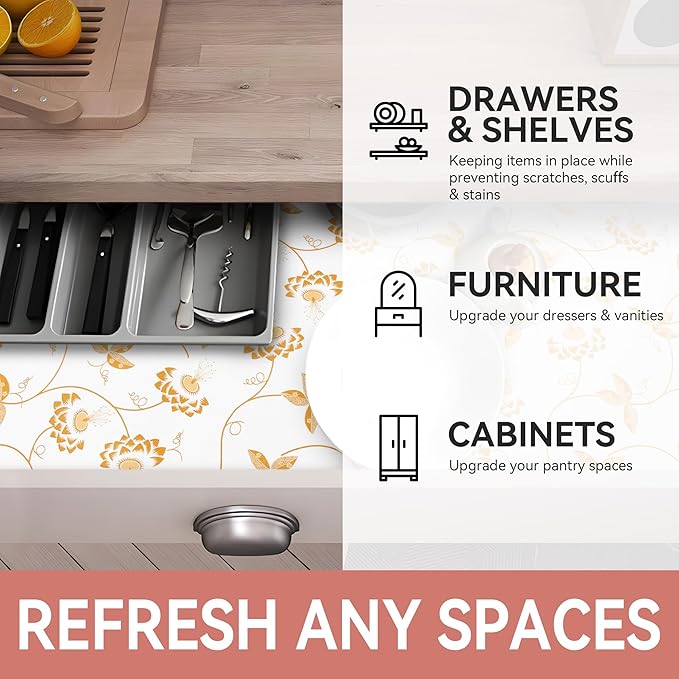 RAY STAR Shelf Liner, Non Adhesive Golden Leaves Floral Kitchen Cabinet Liner for Pantry Drawer Vanity, Strong Grip Non Slip, Shelf Liners for Kitchen Cabinets Cupboard 18 Inch x 8 FT (2 Rolls)
