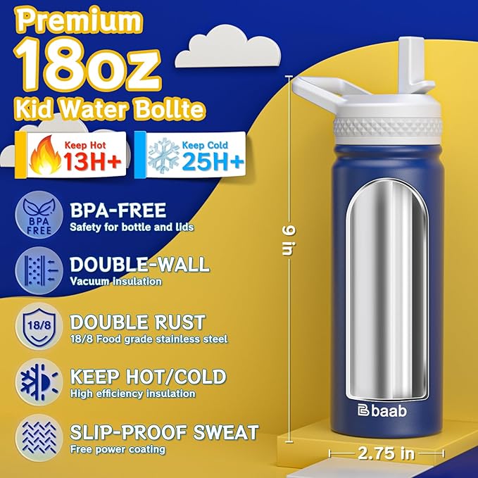 baab 18oz Kids Water Bottle, Insulated Water Bottle with Straw & Stickers, 18/8 Stainless Steel Vacuum Leakproof Kids Water Straw Cup for School, Perfect for Boy Girl (Navy Blue+Pink, 2 Pack)
