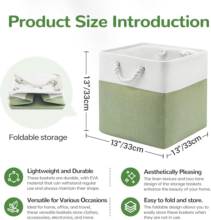 VQRTEXA 13 x 13 Inch Cube Storage Bins, 6 Pack Fabric Storage Basket with Handles, Foldable Boxes Organizer for Shelf Baskets for Home, Clothes (White/Green)