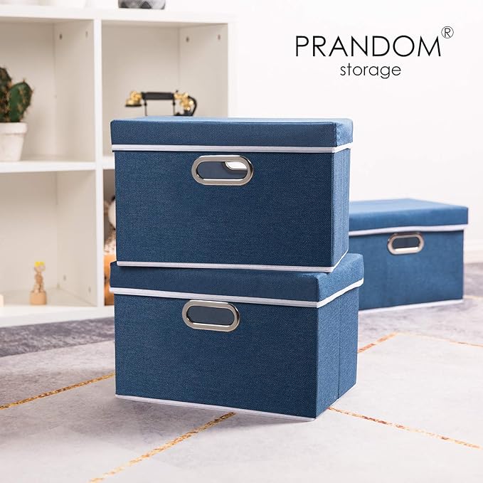 PRANDOM Collapsible Storage Bin with Lid [3-Pack] Fabric Foldable Storage Box Organizer Container Basket Cube with Cover for Home Bedroom Closet Office Nursery Royal Blue (14.9x9.8x9.8)
