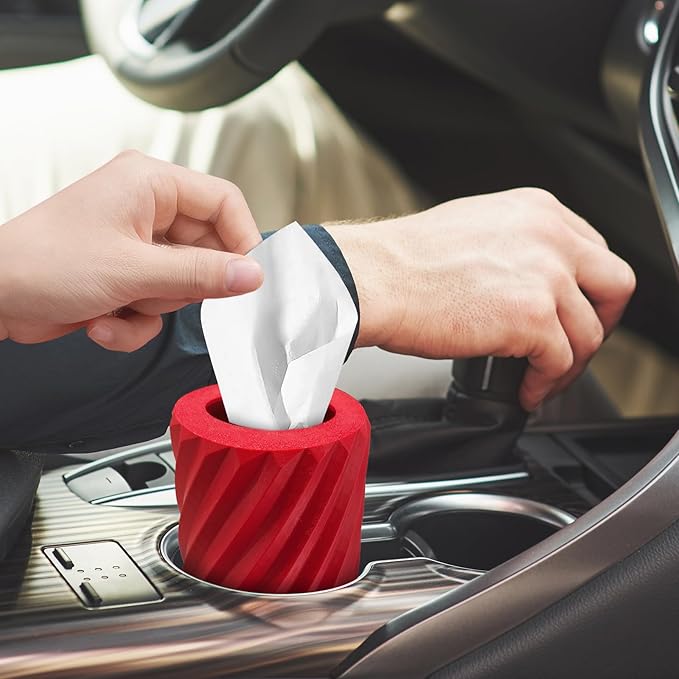 Car Tissue Holder, Refillable Round Cylinder with 3 Tissue Packs, Universal Fit for Vehicle Cup Holder, Home & Office, Car Accessories Interior (Red)
