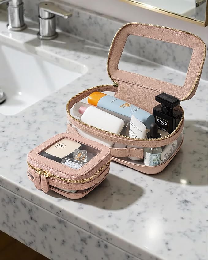 Clear Makeup Bag Set, Small Portable Clear Makeup Bag Cute Waterproof Travel Cosmetic Bag Makeup Pouch TSA Approved Toiletry Bag Women Traveling Car Organizer Car Essentials (Pink, Standard + Mini)