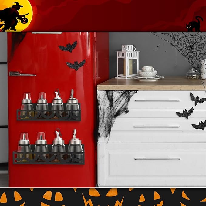 2 Pack Bat Magnetic Spice Rack for Refrigerator Metal Magnet Basket Shelf for Fridge Seasoning Storage Organizers Home Decor Kitchen Accessories (Black)