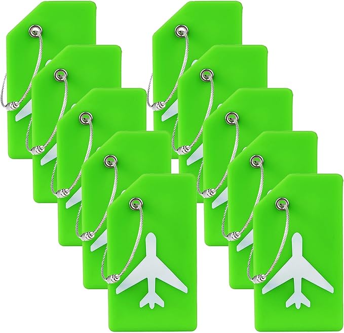 10 Pack Silicone Luggage Tag for Suitcases with Stainless Loop, TSA Approved, Privacy Protection Travel Essentials Bag Tags by Gostwo, Green