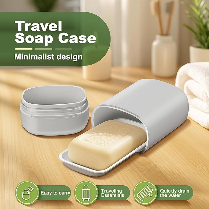 Travel Soap Case soap Holder,Leak Proof Soap Holder with Silicone Sealed lid,Keep Dry with Drainage Tray,Soap Dish for Travel, Gym, Bathroom, Outdoor, Camping, School (Gray)