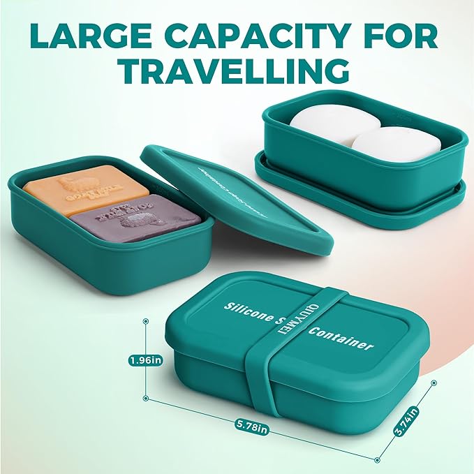 Silicone Travel Soap Container，Enhanced Leak-Proof Travel Soap Case with Draining Layer，Portable Bar Soap Holder, Soap Box with Soap Bag, Soap Dishes for Bathroom/Camping/Gym (Green)