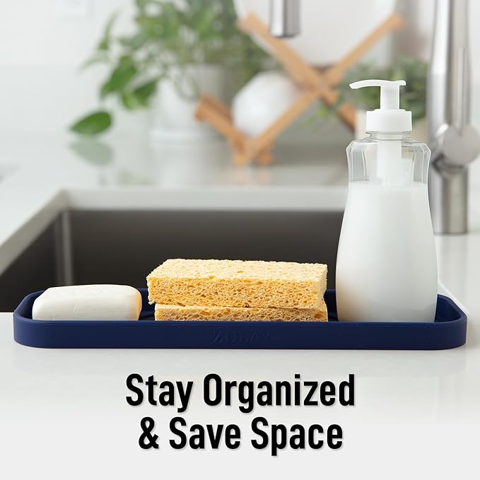 Zulay Kitchen Large Silicone Sponge Holder (12x4) – Flexible Sink Organizer Tray for Kitchen & Bathroom – Multipurpose Soap Dish for Sponges, Makeup, Trinkets & More (Dark Blue)
