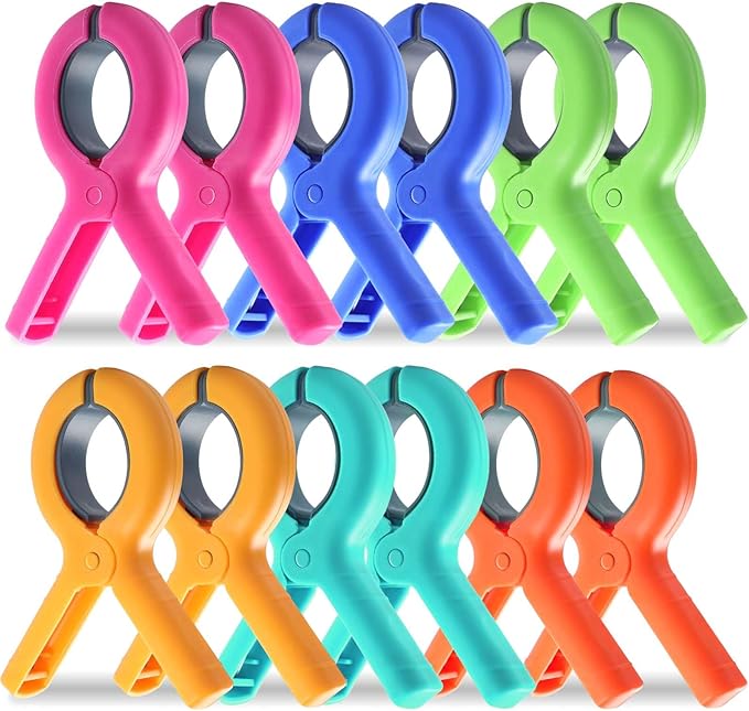 12 Pack Beach Towel Clips for Beach Chairs, Large Towel Clips for Beach Chairs Pool Chairs on Cruise, Windproof Plastic Clothes Pins Heavy Duty Outdoor 6 Colors