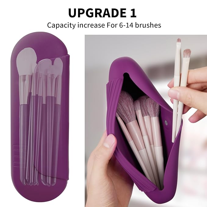 AGIKET 2 IN 1 Silicone Makeup Brush Holder with Beauty Make Up Sponge Holder Case：Soft Portable Cosmetic Face Brushes Holder with Upgrade Anti-Fall Out Magnetic Closure - Dark Pruple