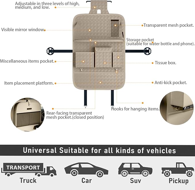 XDV Car Seat Organizers, Multi-functional Back Seat Protectors, Storage Pouches, and Tray Holders (for Cars, Kids, Seat Back and Rear Seats) (Woven Beige, 2 Pcs)