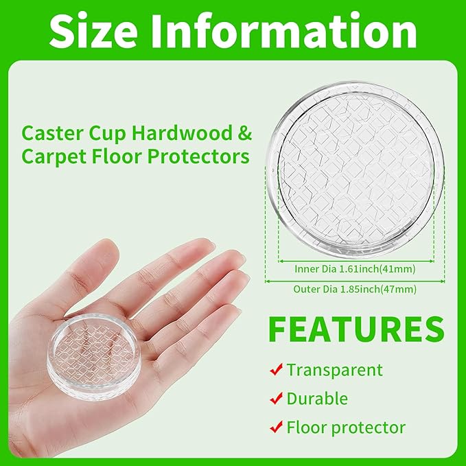 1.6"x1.6" Round Rubber Furniture Caster Cups, 16 PCS Chair Coasters for Carpet - Clear Non Slip Furniture Pads with Grip, Carpet Protector for Furniture Legs - Protect Any Flooring