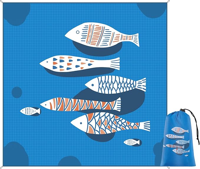 Blue Fish Beach Mat 75"x75" – Outdoor Picnic Blanket, Waterproof Sand Mat for Camping, Grass & Travel, Portable Foldable Ground Mat with Bag