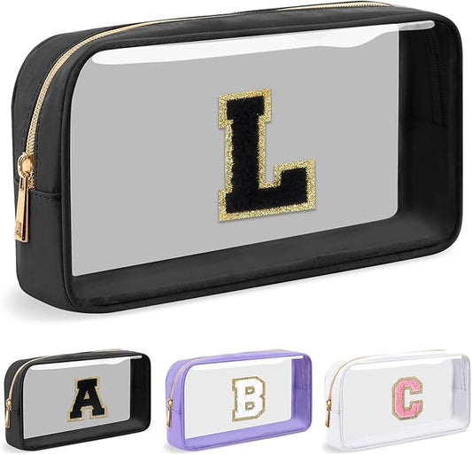 Personalized Initial Letter Clear Makeup Bag,Preppy Small Nylon&PVC Cosmetic Zipper Bag with Chenille Letter,Travel Skincare Toiletry Bag,Monogram Christmas Gift for Teen Girls Women,L