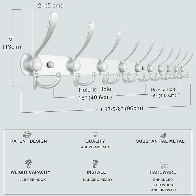Dseap Coat Rack Wall Mount - 29.5” Long 8-Tri-Hooks Heavy Duty Coat Hanger Rail Wall Hooks for Hanging Coats Hats Clothing Clothes Purse Mudroom Entryway, Silver, Pack of 2