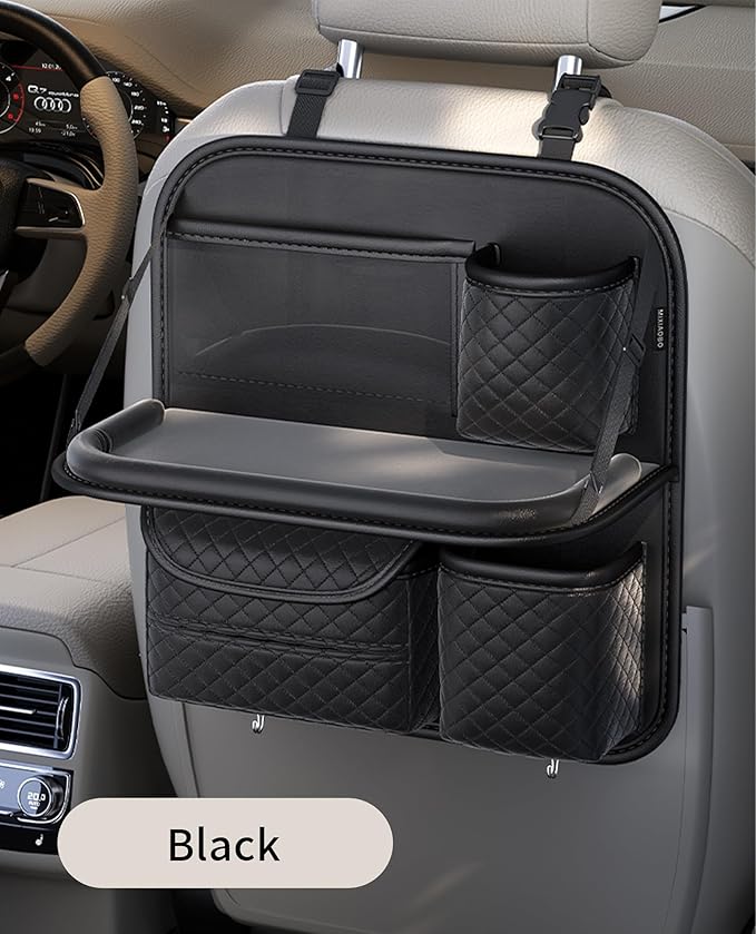 Leather Car Backseat Organizer with Foldable Table Tray - Cup, Tissue, Tablet Holder & Purse Hook, Road Trip Essentials for Car (Black)