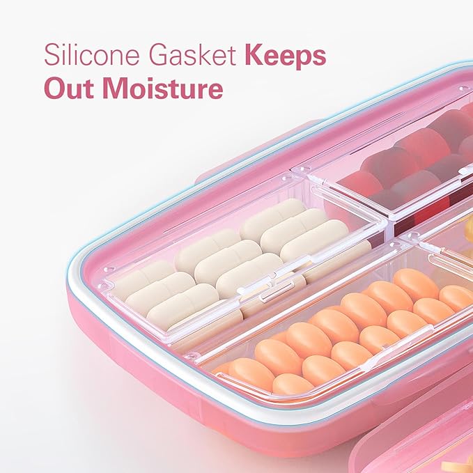 Barhon Travel Pill Organizer with 8 Large Compartments, Travel Pill Box Pocket Pharmacy Moisture-Proof, Portable Vitamin Organizer Medicine Cases for Fish Oil & Supplements (Pink)