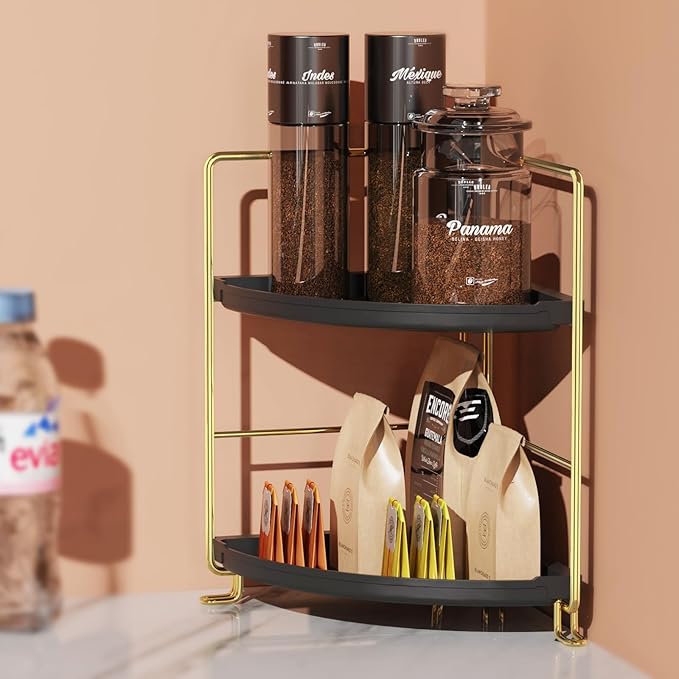 2-Tier Spice Rack Corner Storage Shelf Makeup Organizer Stackable Cosmetic Holder Standing Counter Shelf for Bathroom, Kitchen, Countertop, and Vanity (Gold + Black)