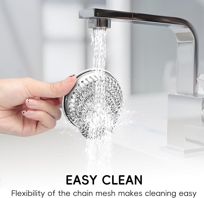 2 Set Kitchen Sink Strainer (Silver): with Adapter, Flexible Insert Chain Mesh Screen. 304 Stainless Steel, Clog-Free Catcher for Universal Sizes (Garbage Disposal)