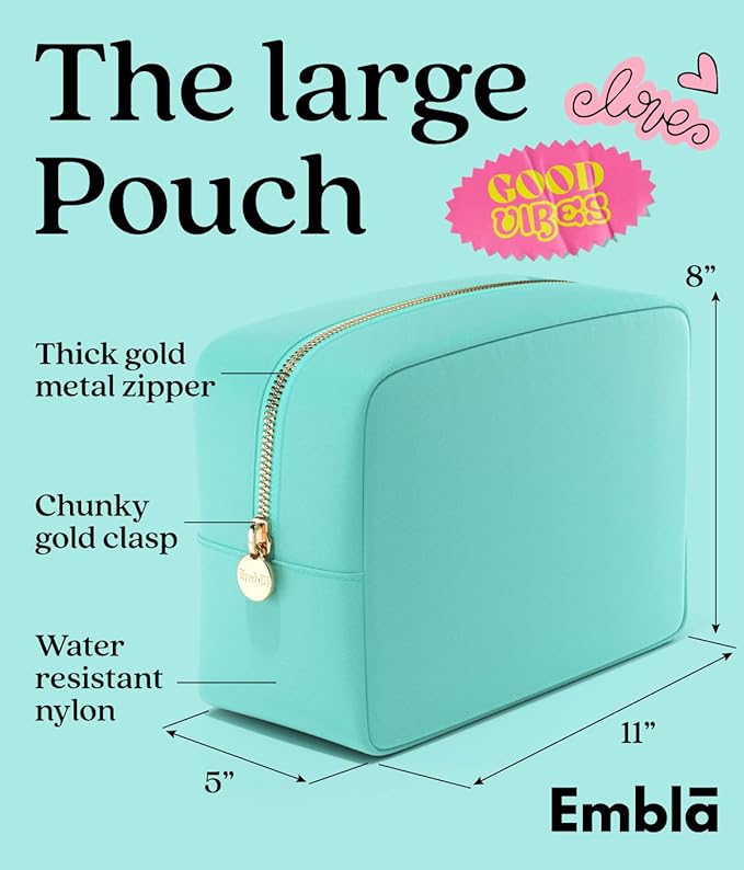 Embla Makeup Bag Travel Cosmetics Pouch and Toiletry Bag, Nylon Zipper Pouch Purse, Cute Make Up Organizer Storage Tote for Women Girls, Waterproof Travel Skincare Case, Large Makeup Bags, Cotton Candy