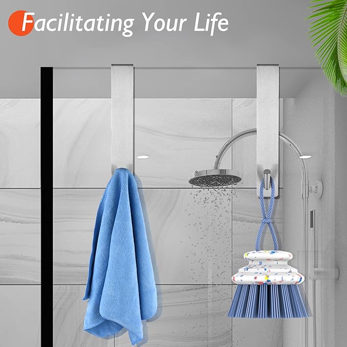 Kontoyo Shower Door Hooks (7.5 Inch), Extended Over Door Hooks for Bathroom Frameless Glass Shower Door, Stainless Steel Towel Hooks, Heavy Duty Rack Hooks for Robe, Towel - 2 Pack - Silver