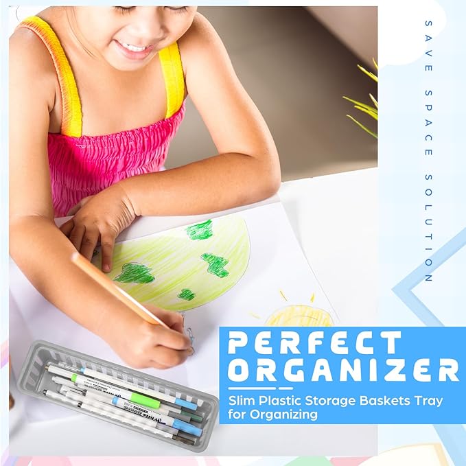 12 Pcs Gray Slim Plastic Storage Baskets Tray 10 x 3 x 2.5 Inch Compact Stackable Desk Organizer for Office, Classroom, School Supplies, and Home Storage, Organization(Gray)