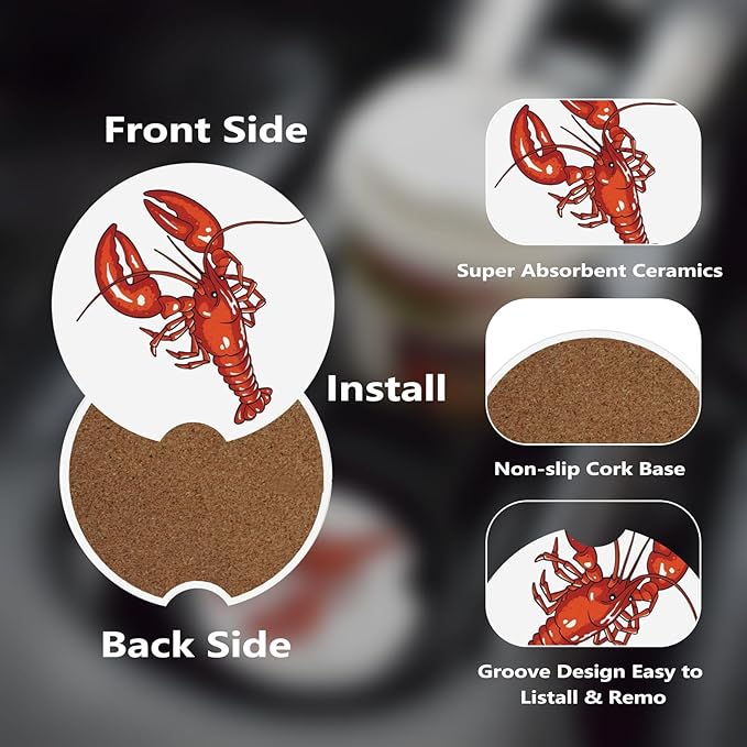 Car Cup Holder Coasters, 2 Pcs Ceramic Coasters with Cork Back and Finger Slot, Anti-Slip Shock Absorbing Women and Men Universal Car Accessories - Tiny Lobster