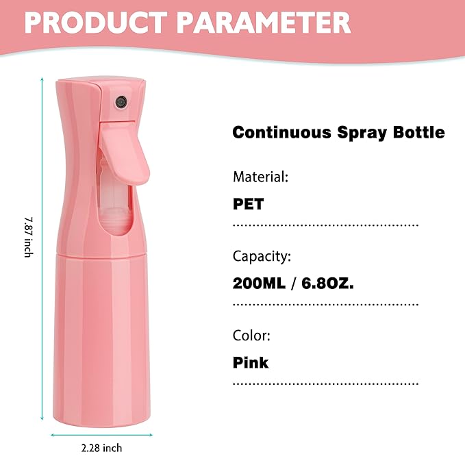 Spray Bottle for Hair (6.8OZ /200ML) Continuous Ultra Fine Mist Sprayer for Hair, Salons, Barber, Plants, Skin Care, Cleaning 1 Pack PINK
