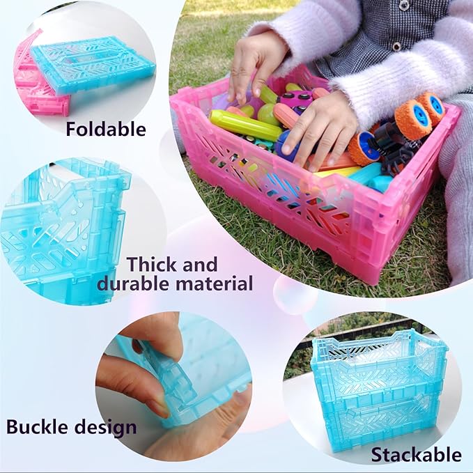 PTEREIW 4Pack Pastel Plastic Storage Crates and Baskets, Collapsible Crates for Organizing, 4L Space Saving Bins for Classroom, Kitchen, Office, Bedroom,Desk Organizer. (Mix Colors)