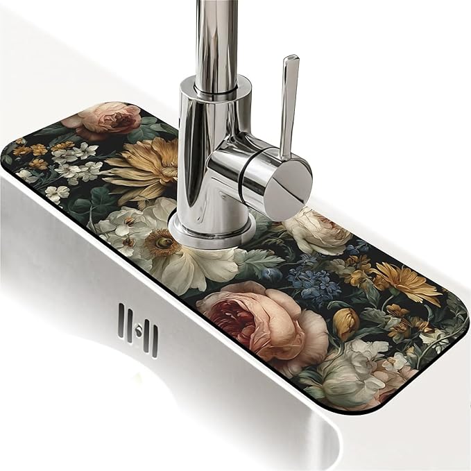 Kitchen Sink Splash Guard, Dark Floral Faucet Mat Sink Gadgets - Super Absorbent Fast Drying Mat Drip Catcher for Kitchen, Bathroom, Sink Mat, Dish Drying Mat, Bathroom (15" X 5.5")