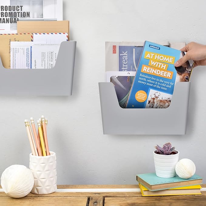 YOHOM Adhesive File Holder Plastic Document Folder Door No Drilling Mount Mail Magazine Organizer A4 Filing Envelopes Folder, Office Wall Mount Single Pocket(GREY, 2 PCS)
