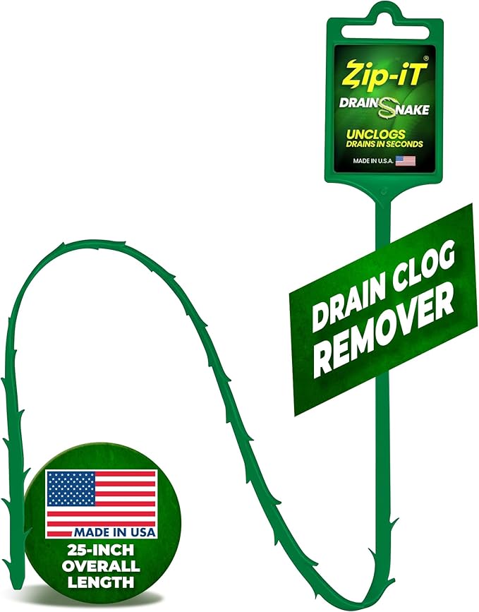 Zip-it Hair Clog Remover, 25-inch Unclogger Tool for Shower, Tub & Sink In Seconds - Reusable Snake Drain Hair Removal Tool, Flexible Snake Non-toxic - Green (1-Pack)
