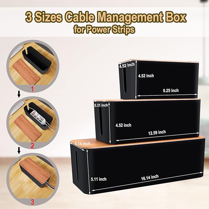 YUANYE Cable Management Box Cable Management Kit for Power Strip to Hide Wires,Cord Organizer Boxes,Safe ABS Material Wire Organizer of Cable Clips Sleeve for Home & Office,3Pack-128PCS /Black