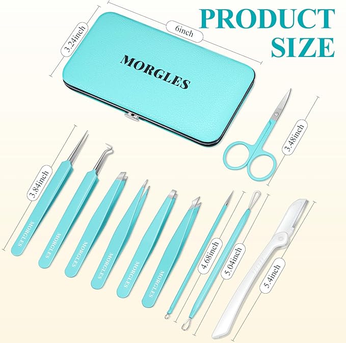 Tweezers for Women Facial Hair, 10 in 1 Pimple Popper Tool Kit with Tweezers, Eyebrow Tweezers Kit with Eyebrow Trimmer & Scissors, Razor, Travel Bag, Hair Plucking Daily Beauty Tools