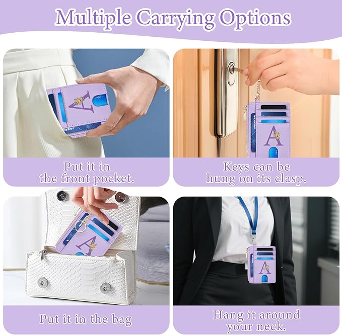 Credit Card Holder for Women Slim Minimalist Front Pocket RFID Blocking Wallet Small Compact Card Case with ID Window Zipper Pocket,Personalized Birthday Gifts for Mom Initial Card Holder Wallet