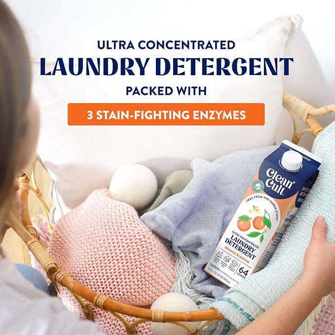 Cleancult Ultra Concentrated Liquid Laundry Detergent, 64 loads (32 oz), Long Lasting Scent, 90% Less Plastic, No Harsh Chemicals, Orange Blossom, Defeats Stains & Odors, HE/Standard Compatible