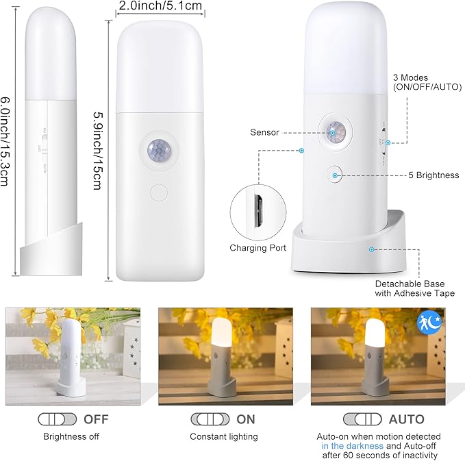 YELKO Motion Sensor Night Light, 2000mAh Rechargeable Night Lights Battery Powered, PortableＤimmable Nightlights with 5 Brightness Levels for Kids,Adults (Warm White 1Pack)