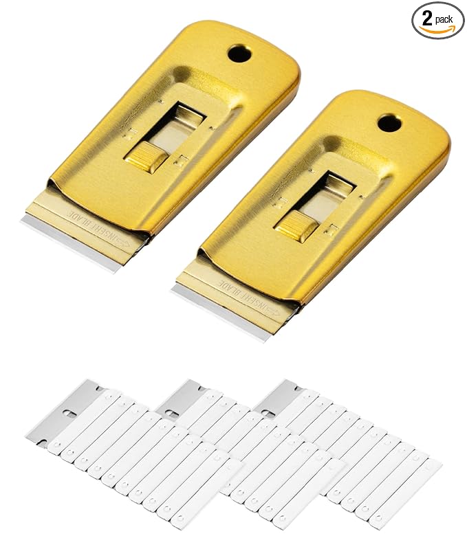Bates- Metal Razor Blade Scraper Tool, 2 Pack, 30 Extra Blades, Gold, Heavy-Duty Cleaning Razor Scraper Tool