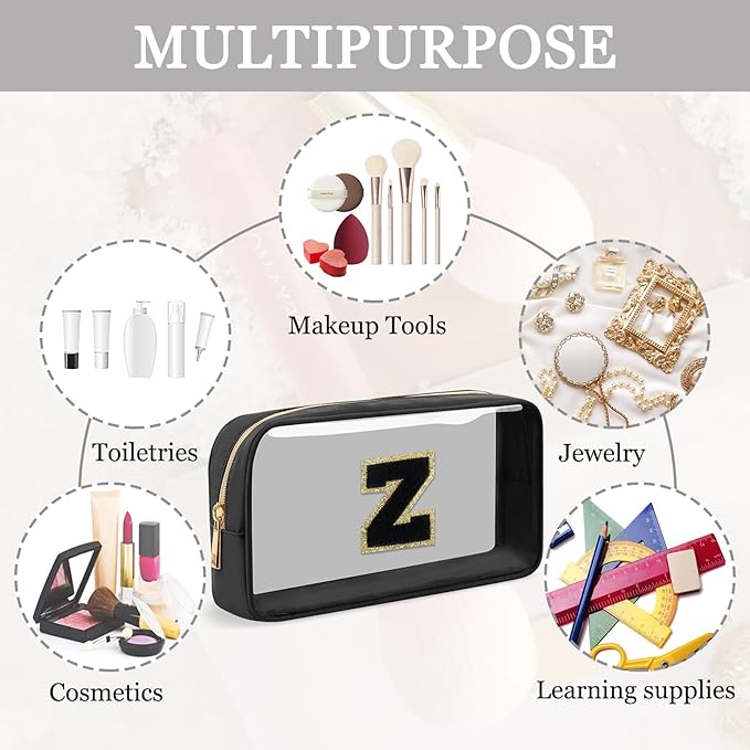 Small Clear Personalized Initial Makeup Bag, Preppy A-Z Chenille Letter Patch Cosmetic Bag, Cute Transparent Nylon Waterproof Zipper Beach Varsity Letter Pouch, Gift for Women Girls(Black-Black Z)