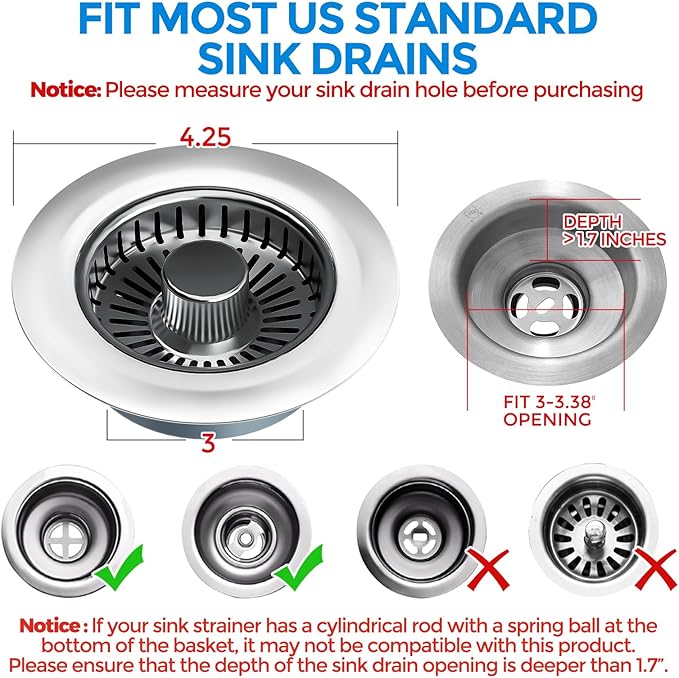 zaa Upgraded 3in1 Kitchen Sink Drain Strainer & Sink Stopper, 304 Stainless Steel Sink Drain Basket & Sink Protector for Kitchen with Anti-Clog Filter, Fit US Standard 3-1/2'' Sink Drain Hole, Gray