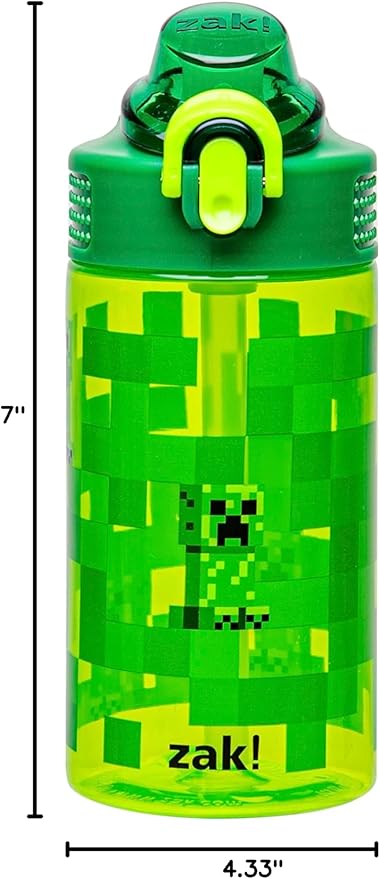 Zak Designs Sage Minecraft Kids Water Bottle For School or Travel, 16oz Durable Plastic Water Bottle With Straw, Handle, and Leak-Proof, Pop-Up Spout Cover (Creeper)