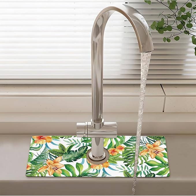 Patterned Sink Faucet Mat Kitchen Splash Guard Super Absorbent Drying Mat, Non-Slip Drain Pad for Kitchen Counter or Bathroom-15x5.5in