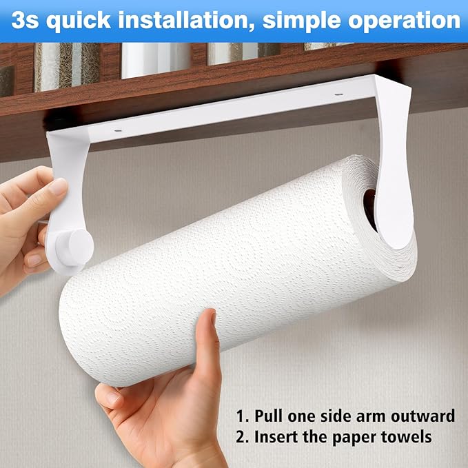 Paper Towel Holder Under Cabinet, Adhesive or Screw Mount, Fits Standard & Mega Rolls, Wall Mount Rack for Kitchen, Bathroom, RV, White